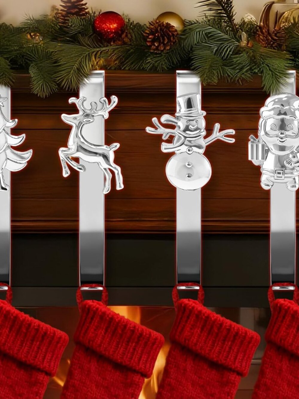 Stocking Holders for Mantel, 4 PCS Mantle Garland Hanger,Snowman, Reindeer, Chri